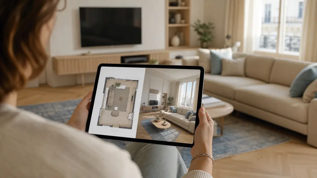 A person using a tablet beside a living room, comparing a 2D floor plan with a furnished 3D interior view, sofa and window placement clearly visible, warm editorial photography, no text, no logo