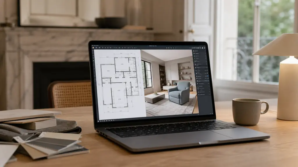 A laptop displaying Sweet Home 3D with a precise 2D floor plan beside a furnished 3D room, visible wall measurements and imported armchair model, cozy home desk, editorial photography, no text, no logo