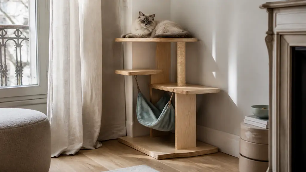 Editorial photograph of a compact plywood cat tree with low staggered platforms, a sisal scratching post and a fabric hammock in a small apartment corner, no text, no logo