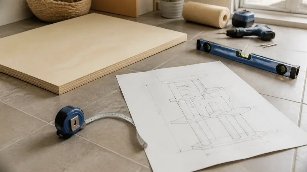 Editorial photograph of a dimensioned cat tree sketch beside a tape measure, a wide plywood base and a spirit level on a home workshop floor, no text, no logo