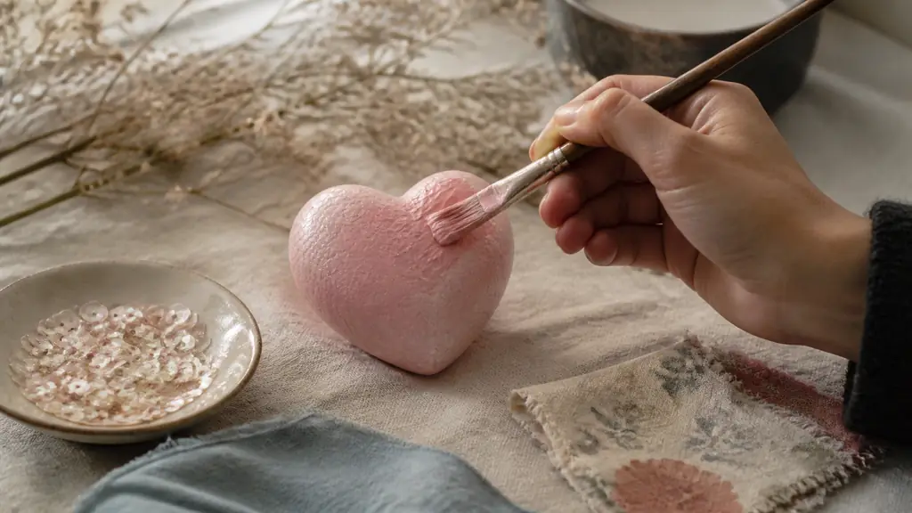 Editorial close-up of a hand applying pink acrylic paint to a polystyrene heart, with pearl sequins and small floral fabric pieces arranged beside it, soft natural light, no text, no logo