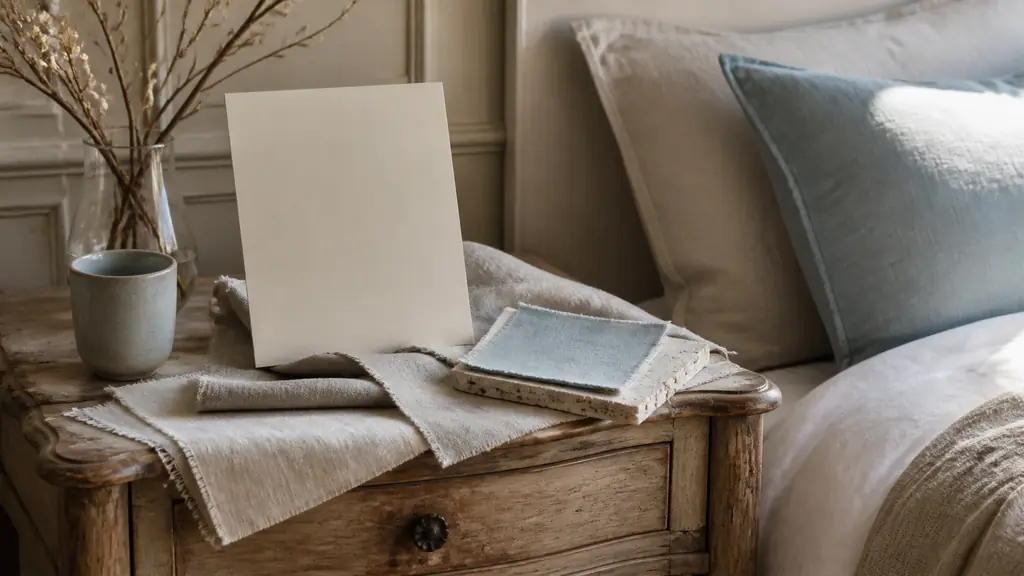 Editorial bedroom mood board with a cream paint swatch, natural linen fabric and a small vintage wooden bedside table, soft warm light, no text, no logo