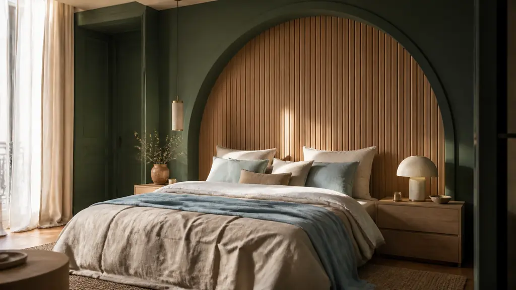 Editorial adult bedroom featuring a deep botanical green painted arch behind the bed, vertical natural wood slats and understated bedside tables, soft warm light, no text, no logo