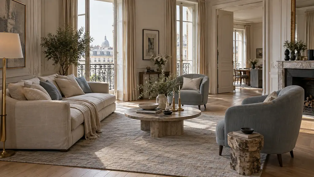 Editorial living room photograph showing a rug tucked beneath the front legs of a sofa and two armchairs, centered around a low coffee table, with a clear walkway