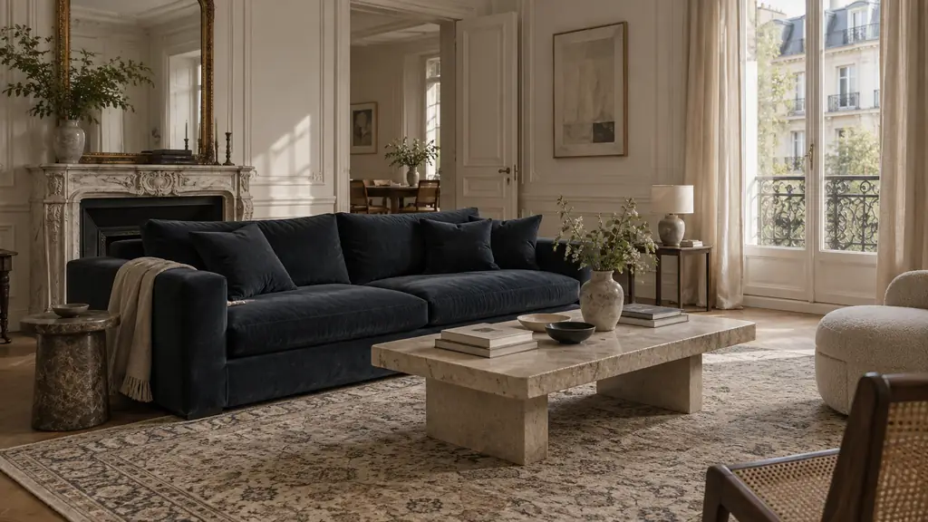 Editorial living room photograph featuring a light mottled rug with small patterns, a dark sofa and matching colored cushions, no text or logo