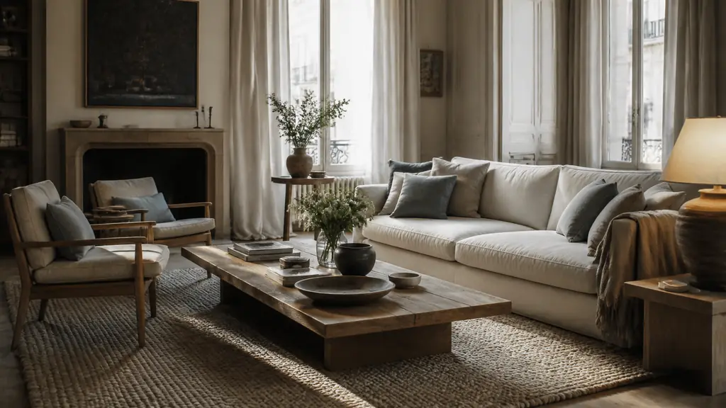 Editorial photograph of a cozy living room featuring a wool rug, linen curtains and a vintage table lamp, with light wood furniture and warm natural daylight, no text, no logo