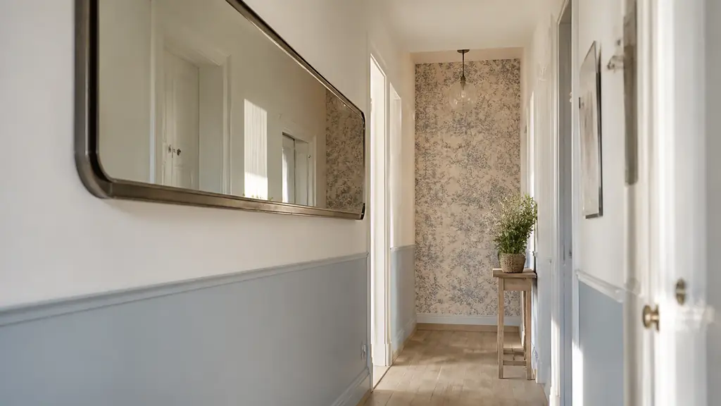 Editorial photograph of a narrow bright hallway with an elongated horizontal mirror, a painted lower wall and patterned wallpaper on one end wall, natural daylight, no text, no logo