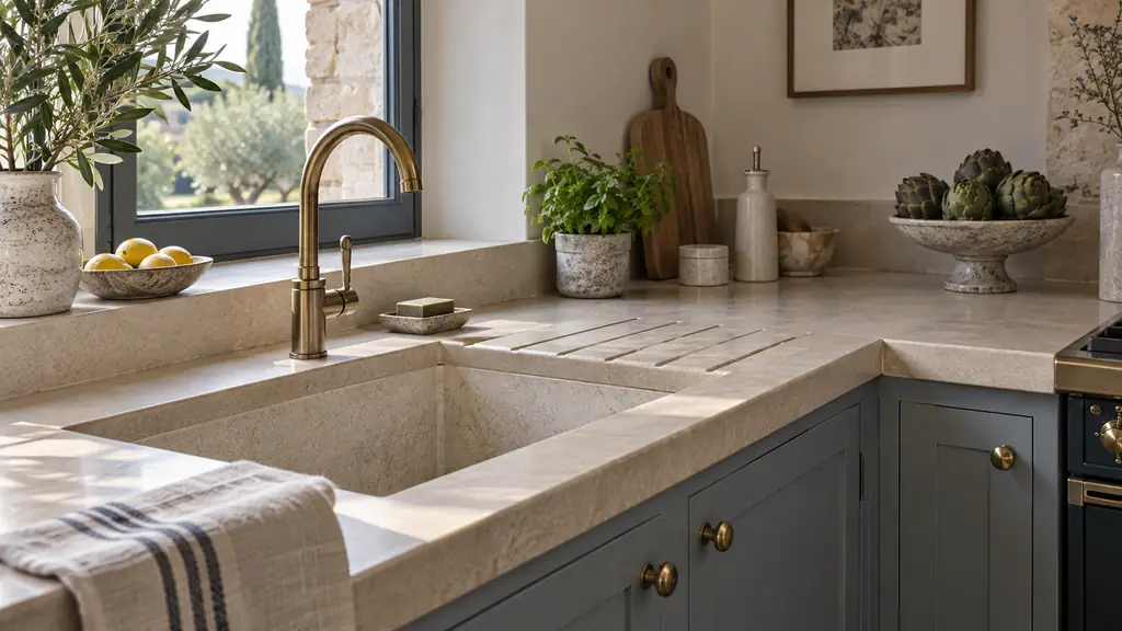 Close-up editorial photograph of a custom kitchen worktop with an undermount sink, carved draining grooves and a neatly finished mitered corner joint, natural daylight, no text, no logo