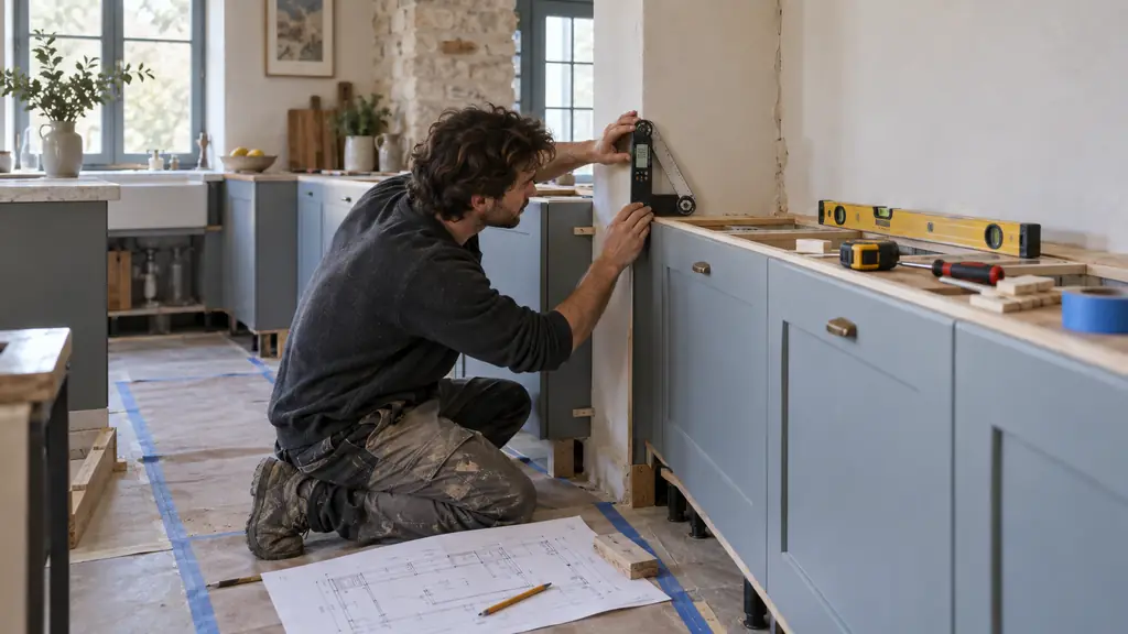 Editorial photograph of a person measuring aligned kitchen base cabinets, checking a non-square wall angle with a digital protractor and annotating a dimensioned paper plan, natural daylight, no text, no logo