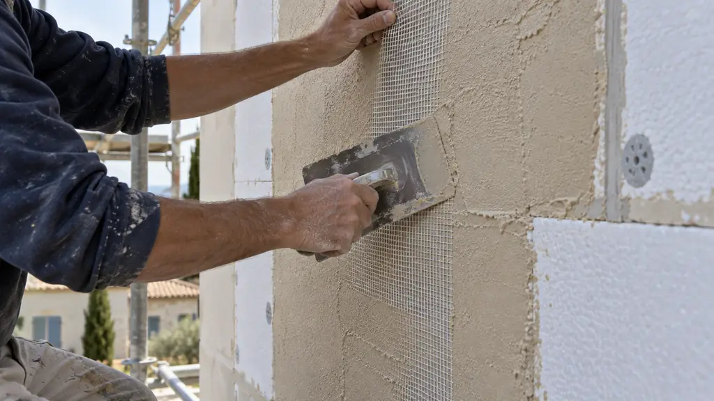 close-up editorial photograph of hands embedding fiberglass mesh into fresh base coat on expanded polystyrene panels with a metal smoothing trowel, visible treated panel joints, no text or logo