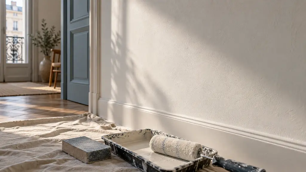 editorial close-up photograph of a smooth interior insulated wall under raking light, with a fine sanding block and a small paint primer roller nearby, no text or logo