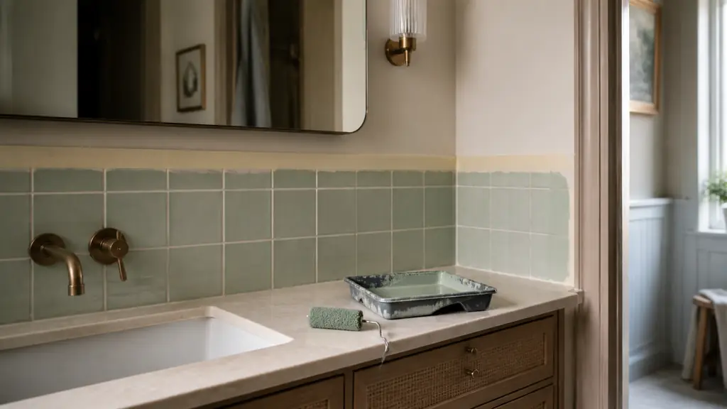 editorial photograph of a bathroom vanity backsplash being repainted soft sage green, masking tape along the tile edges, small paint roller and tray on the countertop, no text or logo