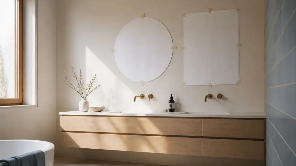 editorial photograph of two paper mirror templates, one round and one rectangular, taped above a bathroom vanity, with masking tape outlines and soft daylight reflected from a nearby window, no text or logo