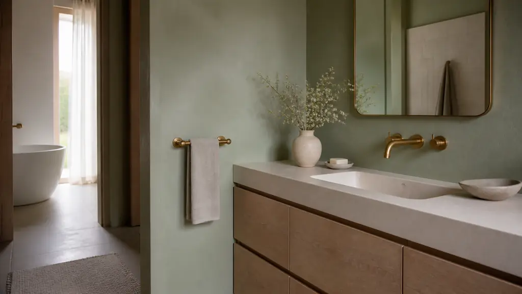 Editorial photograph of a modern bathroom featuring sage green walls, a light wood vanity, and coordinated brass faucet and towel holder, soft natural light, no text, no logo
