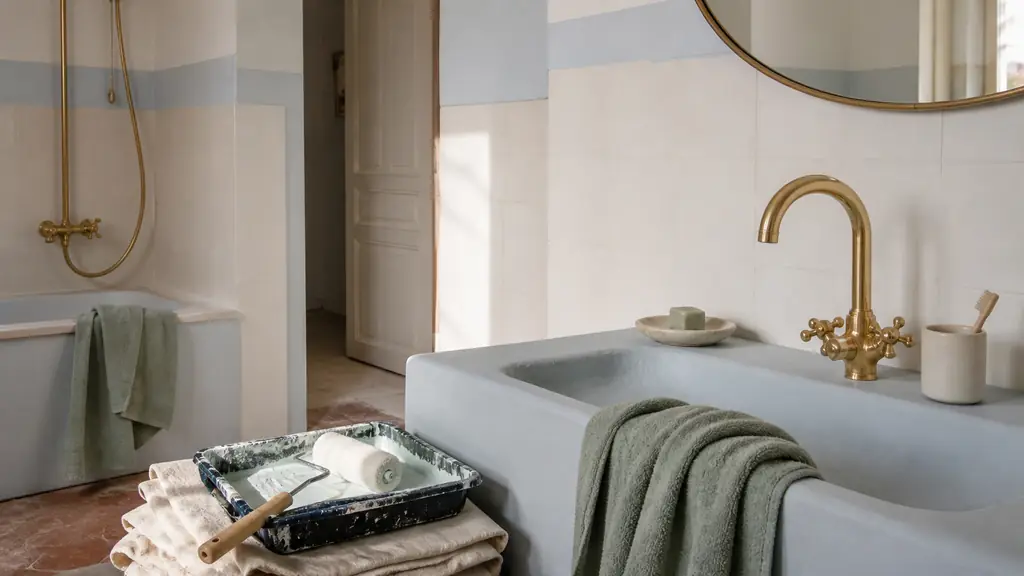 Editorial photograph of a bathroom makeover in progress, showing resin-painted wall tiles, a newly installed brass faucet, and coordinated sage green towels, soft natural light, no text, no logo