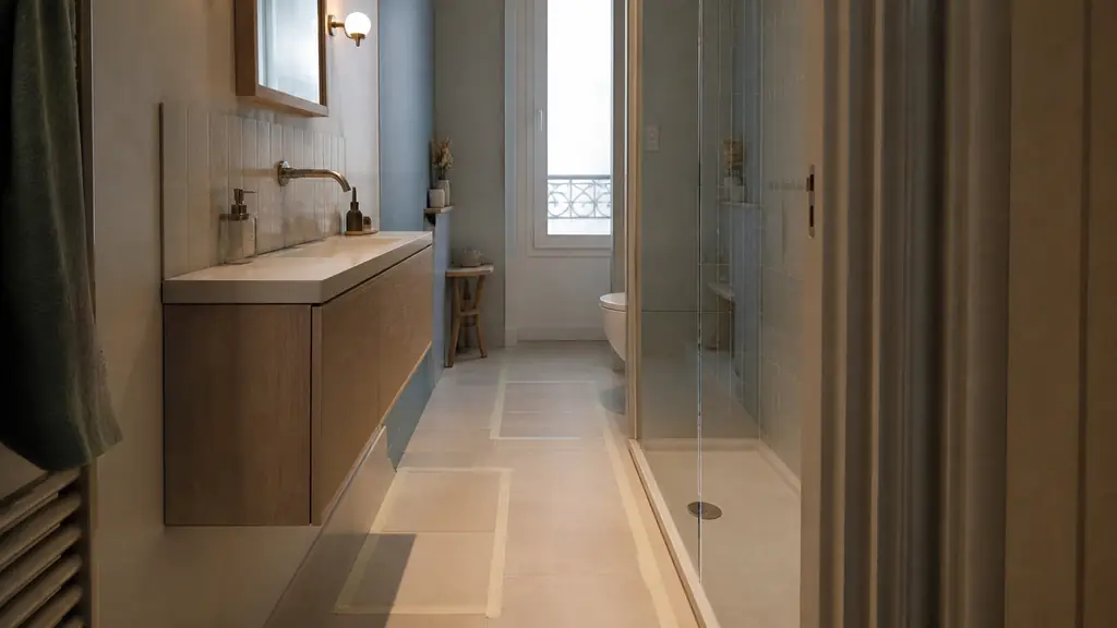 editorial photograph of a compact narrow bathroom with a shallow vanity, transparent shower screen and masking tape marking furniture clearance on the tiled floor, no text, no logo