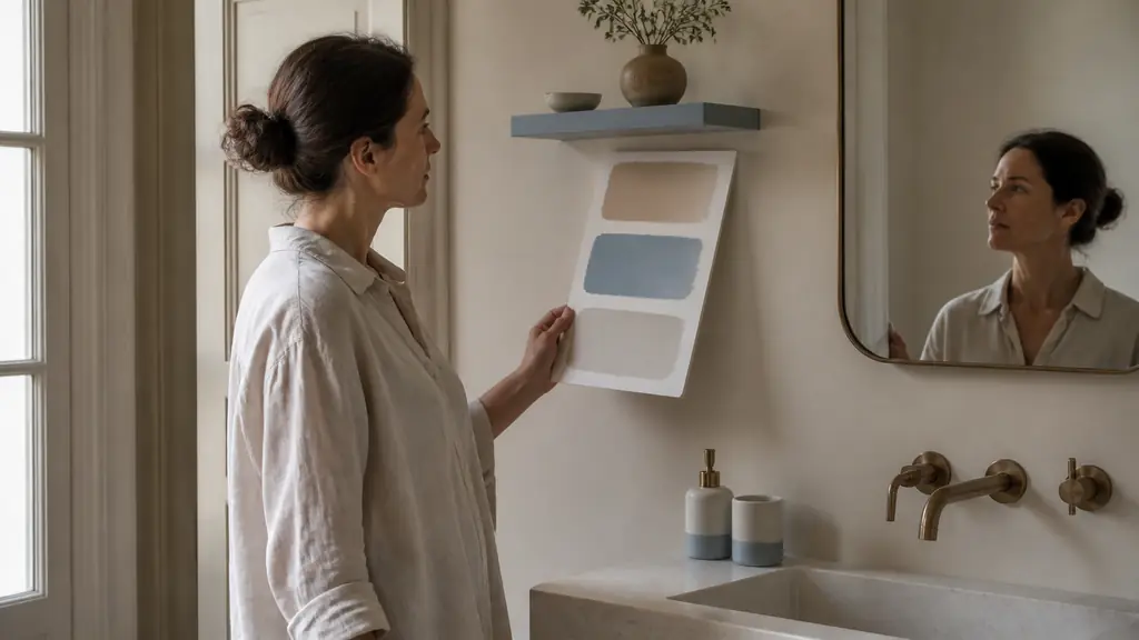 editorial photograph of a person comparing a painted color sample board beside a bathroom mirror, with a small repainted shelf and two coordinated countertop containers, no text, no logo