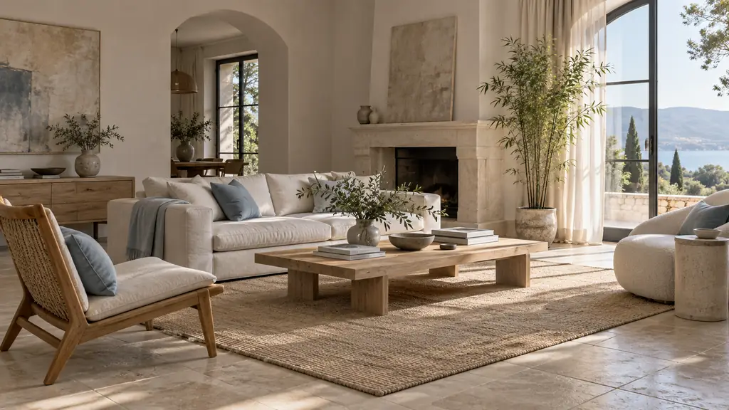 Editorial photograph of a serene living room with low natural wood furniture, a sand-colored rug over stone tiles, and a tall bamboo plant beside a bright window, no text, no logo