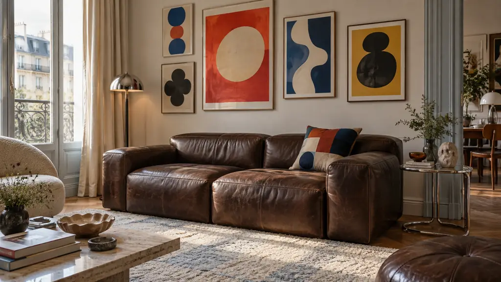 Editorial photograph of a retro living room corner with a dark brown leather geometric sofa, a patchwork cushion, and colorful Pop Art prints above a vintage metal-legged side table, no text, no logo