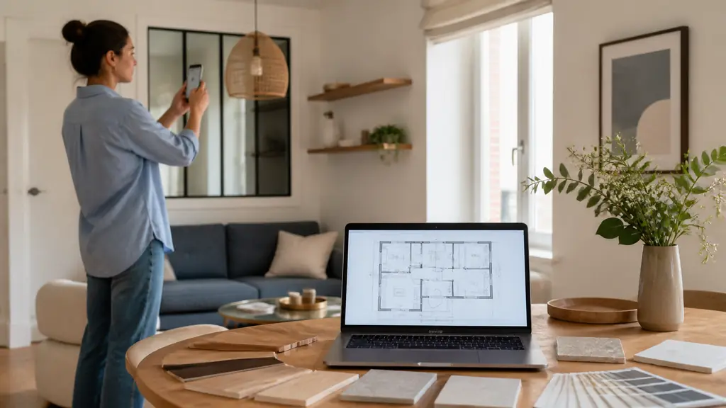 A person scanning a compact living room with a smartphone while a laptop displays a detailed 2D floor plan beside flooring and paint material samples, natural daylight, realistic editorial interior photography, no text, no logos
