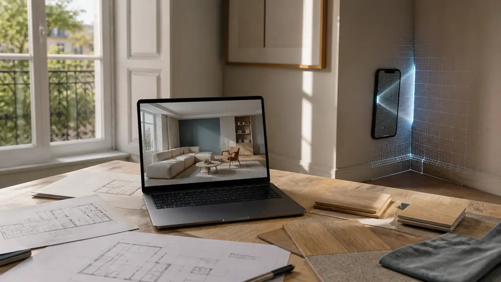 A laptop displaying a detailed 3D room model beside printed floor measurements, wood texture samples and a smartphone scanning a wall corner, realistic editorial interior photography, no text, no logos