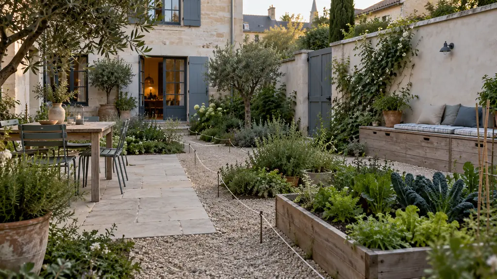 Editorial photograph of a compact garden with string marking a pathway between a dining table, a storage bench and raised vegetable beds, no text, no logo