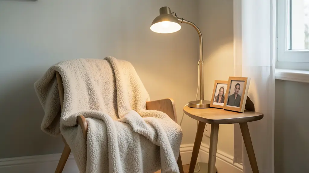 A cozy interior corner with a warm reading lamp, a soft wool blanket on a wooden chair, and personal framed photos on a side table