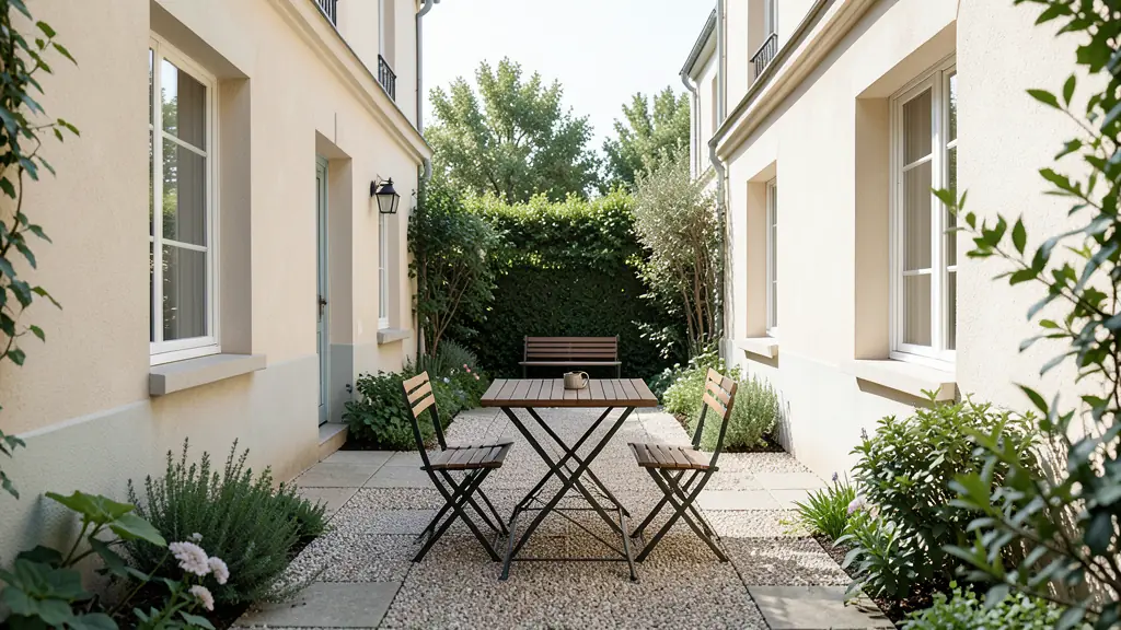 Editorial photograph of a narrow garden with a clear central perspective, a folding dining table near the house and a bench framed by plants at the far end, no text, no logo