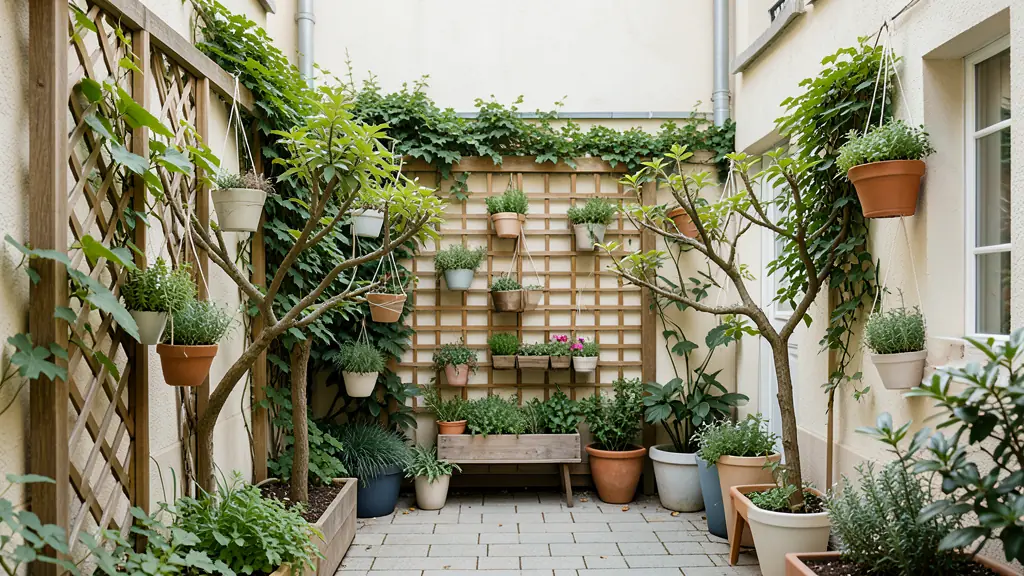 Editorial photograph of a compact courtyard with climbing plants on a wooden trellis, espalier fruit trees and suspended herb pots, no text, no logo