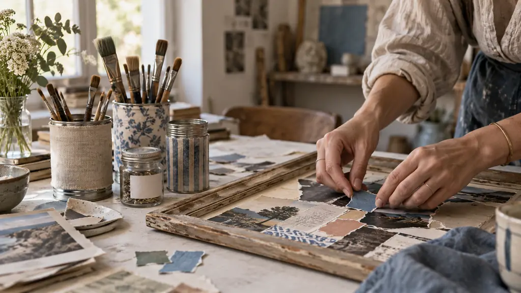 Editorial photograph of hands arranging colorful magazine cutouts inside an old wooden frame, with fabric-covered tin cans holding paintbrushes and labeled glass jars nearby, warm natural light, no text, no logo