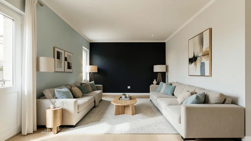 A modern living room showing a dark accent wall at the far end to shorten the room and a light-colored ceiling to maintain height, editorial photography, high quality