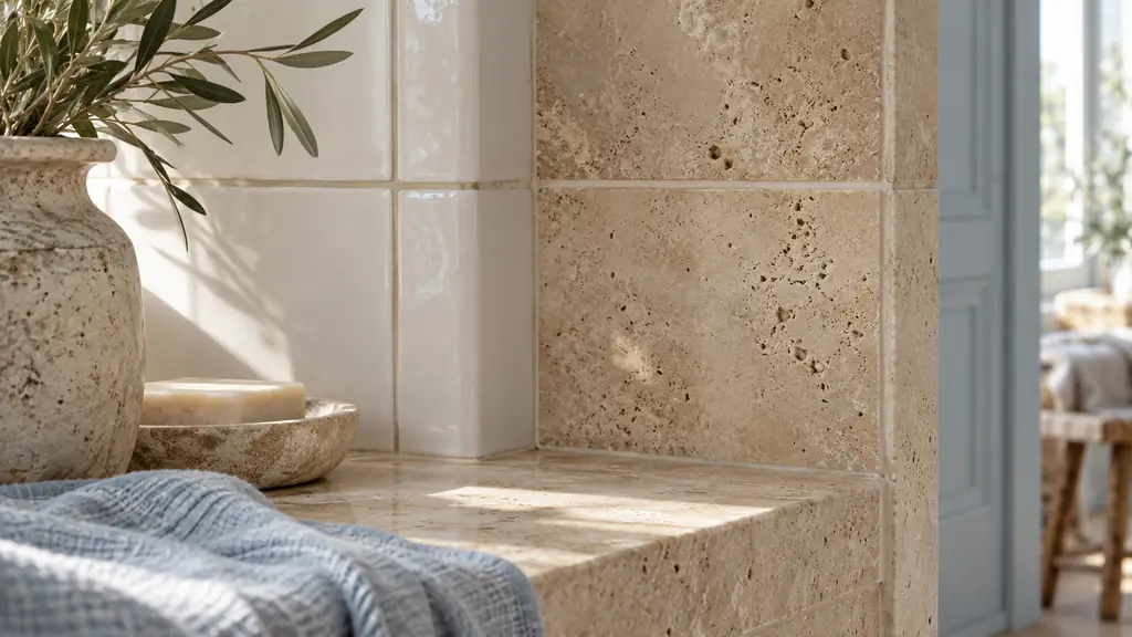 Editorial interior close-up showing white tiles with ivory grout beside beige travertine tiles with sand grout, soft natural daylight, no text or logo