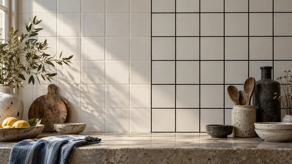 Editorial split view of square white tiles with matching grout and dark contrasting grout, visible grid alignment, side daylight, no text or logo