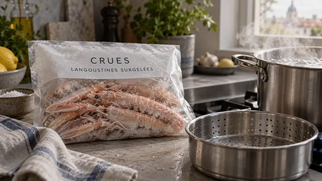 close-up editorial food photograph of a frozen langoustine package labeled raw beside a steaming pot of water and a stainless steel steamer basket, no visible branding, no logo