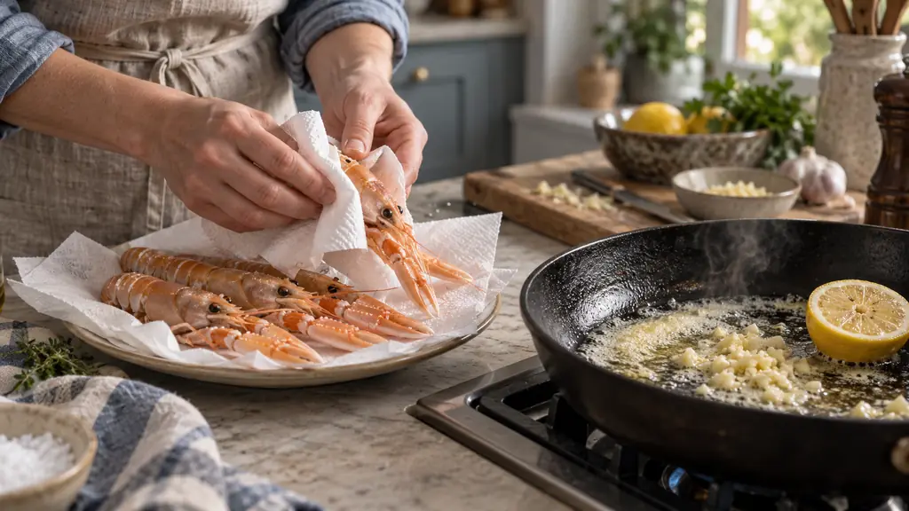 editorial food photograph of thawed langoustines being carefully dried with paper towels beside a hot skillet with butter, chopped garlic and a halved lemon, no text, no logo
