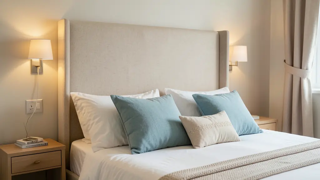 A cozy bedroom scene focusing on a fabric headboard with integrated warm wall sconces and a few contrasting decorative cushions on the bed