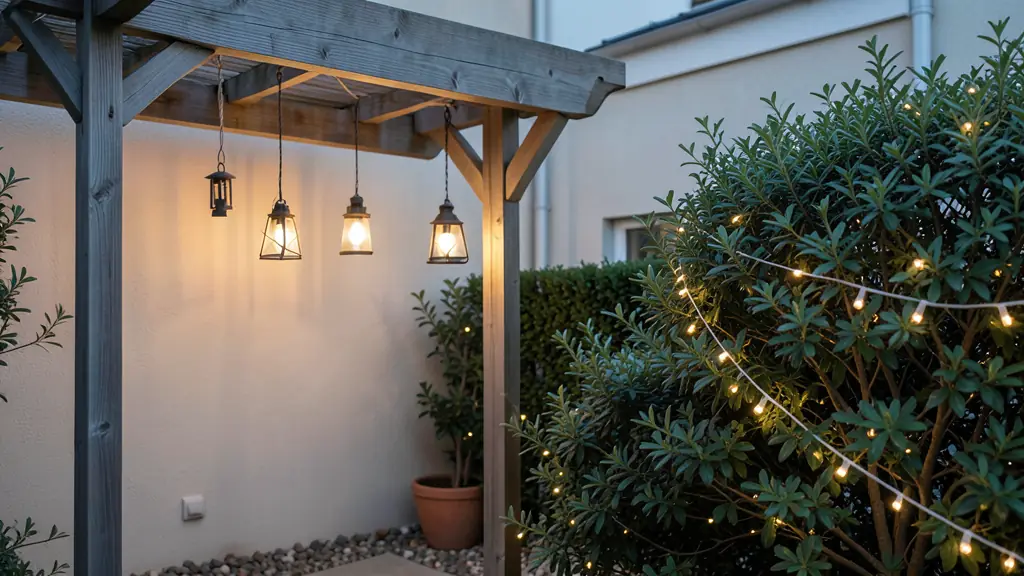 A cozy garden corner at dusk with hanging lanterns casting a warm glow, a small wind chime attached to a wooden pergola, and solar-powered fairy lights entwined in a nearby shrub