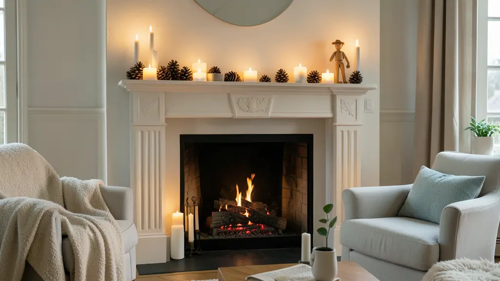 A cozy living room scene with a fireplace mantle decorated with LED candles, pine cones, and a small wooden figurine, soft warm lighting, editorial style