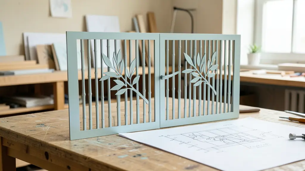 Editorial photograph of a laser-cut aluminum gate sample featuring an olive branch motif, vertical bamboo pattern panels and a technical drawing on a workshop table, no text, no logo