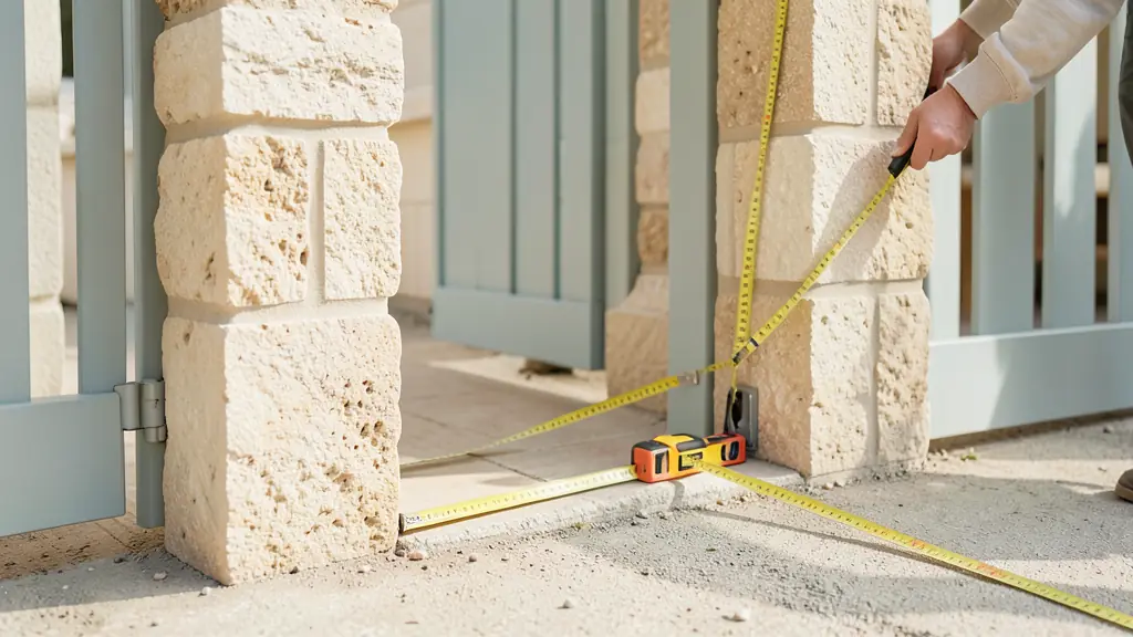 Editorial photograph of a homeowner measuring a gate opening between masonry pillars, spirit level on the threshold and tape measure extended along the lateral sliding clearance, no text, no logo