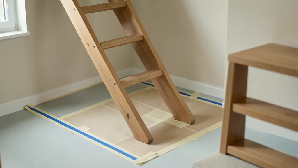 Editorial interior photograph of a wooden miller ladder with a steep visible angle, masking tape marking its floor footprint, and a close view of the shallow steps, no text, no logo