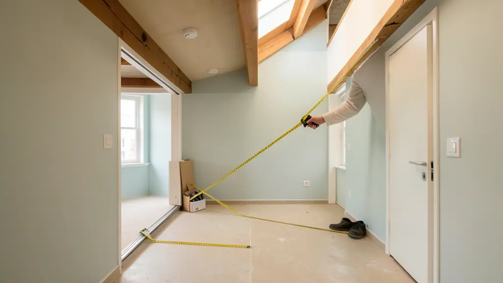 Editorial photograph of a mezzanine opening being measured with a tape measure, visible floor thickness, nearby ceiling beam and clear headroom, no text, no logo