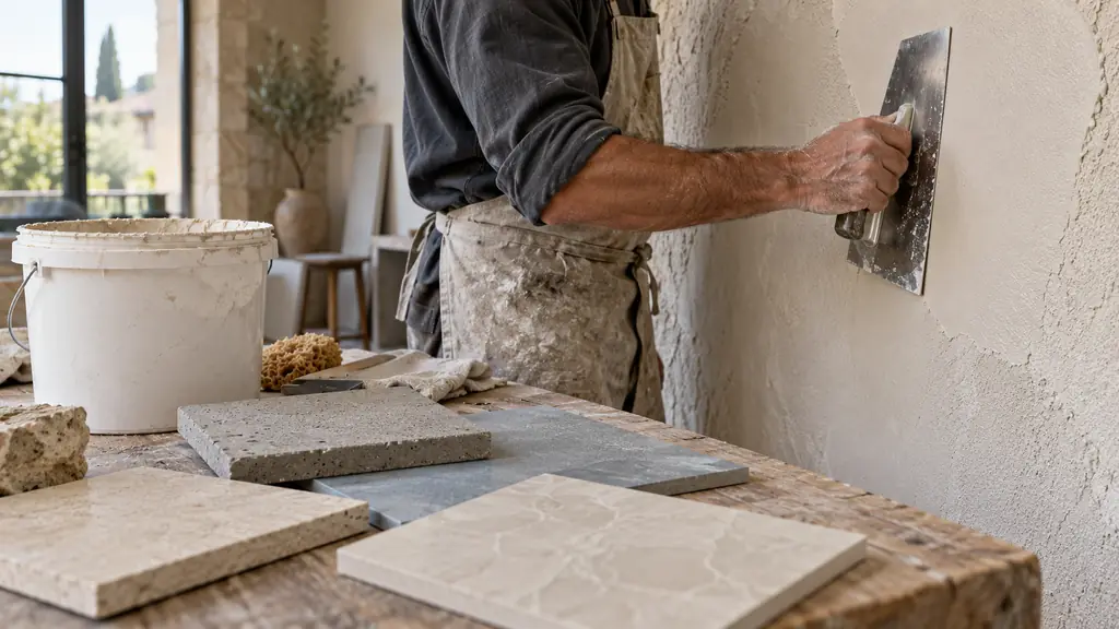 close-up editorial photograph of a craftsperson applying pale ultra-fine facade render with a stainless steel trowel, beside concrete and Marmorino finish samples and an unbranded 28 kg bucket, no text, no logo