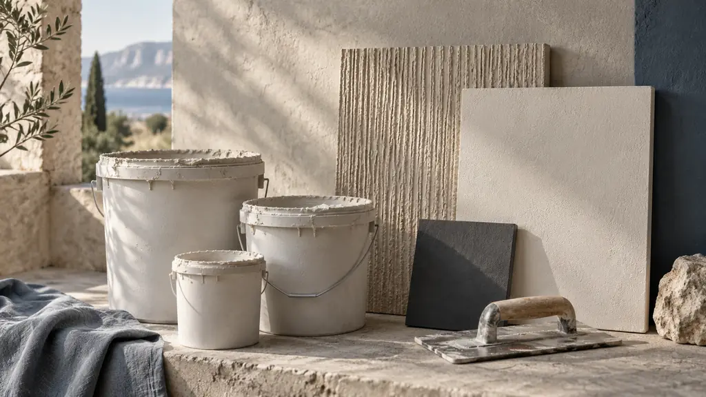 editorial photograph of three unbranded render buckets in different sizes beside a dark color swatch and taloché, ribbed and smooth facade finish samples, no text, no logo