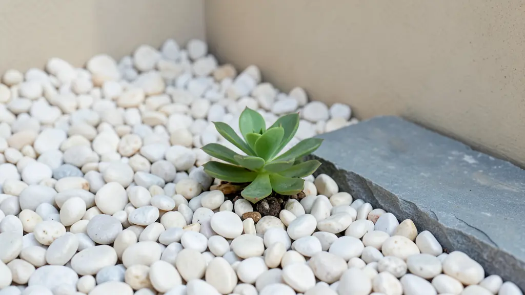 A close-up editorial shot of a modern garden corner featuring a mix of smooth white pebbles and grey slate, with a small green succulent plant emerging from the mineral mulch, soft natural daylight