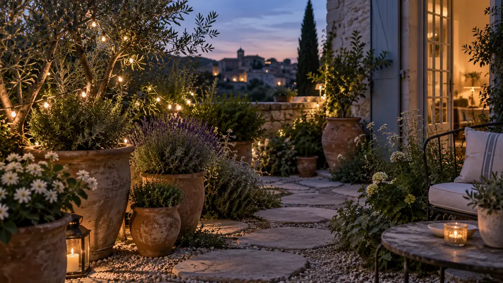 Editorial photograph of a small garden corner with clustered terracotta pots, Japanese stepping stones and a glowing solar string light, natural evening atmosphere, no text, no logo