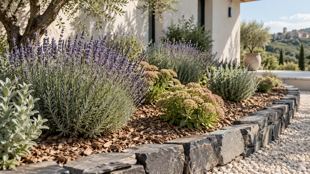 Editorial photograph of a low-maintenance sunny garden bed with lavender and sedums, covered with natural wood-chip mulch and edged with reclaimed slate, no text, no logo