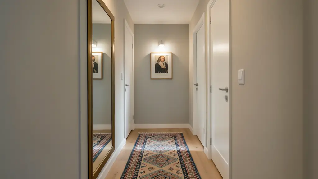 Editorial photograph of a narrow hallway with a large side mirror reflecting a wall light, a framed artwork on the end wall, and a transverse patterned runner, no text, no logo