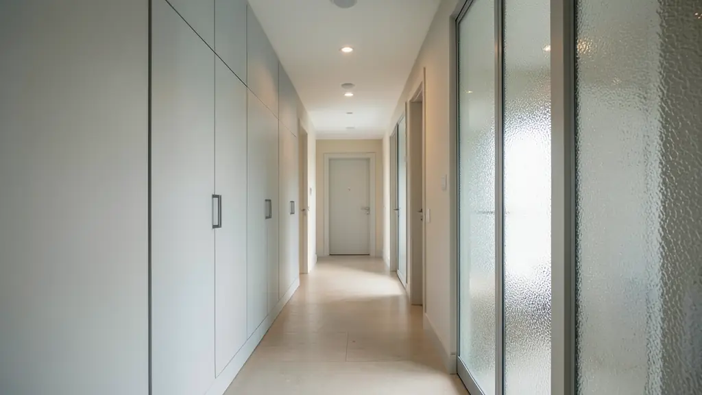 Editorial photograph of a long family hallway with wall-mounted closed storage, soft indirect lighting, and a textured glass partition bringing in daylight, no text, no logo