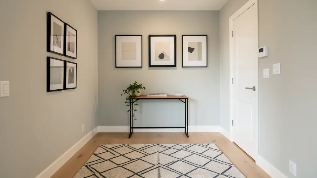 Editorial shot of a modern hallway featuring a gallery wall of minimalist black frames, a slim black metal console table with a small trailing plant, and a geometric runner rug on a light oak floor